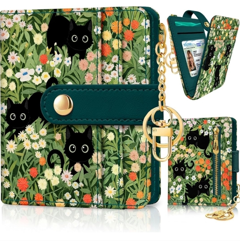Floral Cat Print Wallet with Keychain